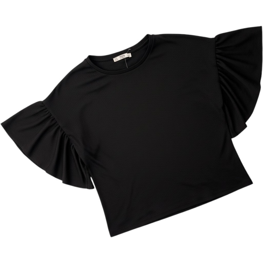 Zara Woman Basic Black Ribbed Ruffle Flutter Sleeve Top Small
